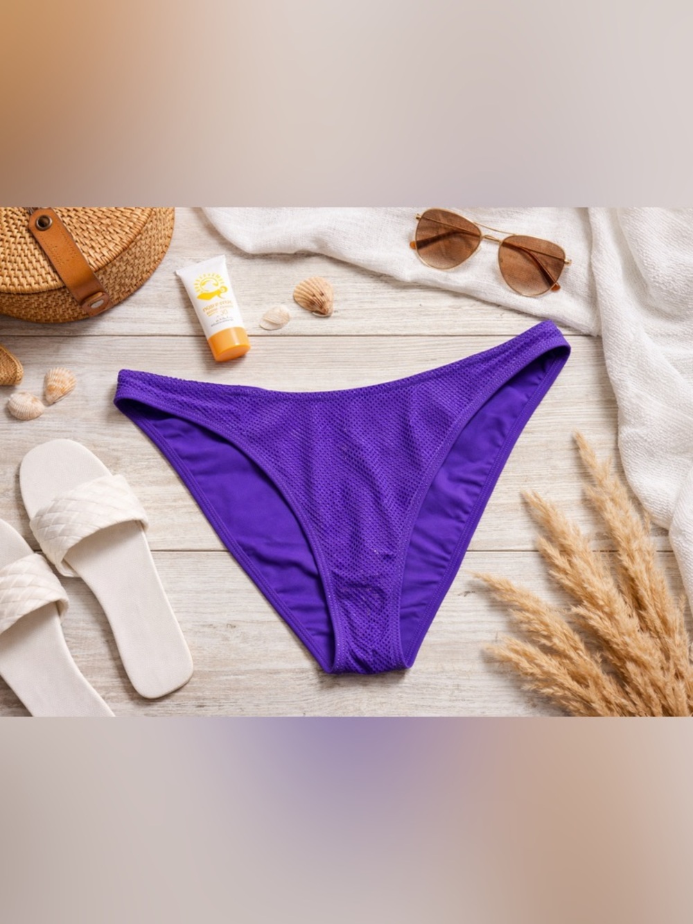 Purple Textured High Cut Bikini Bottom Cheeky Y2K Swim L